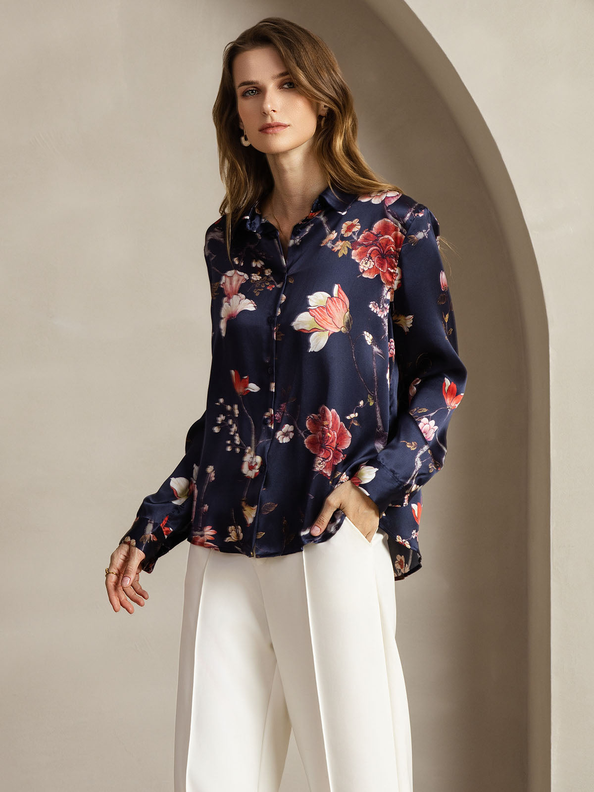 [Floreale Blu Navy] SilkSilky-IT Seta Colletto risvolto Camicie da donna 004