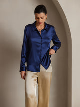 [Blu Scuro] SilkSilky-IT Long Sleeve Lapel Collar Camicie da donna 003