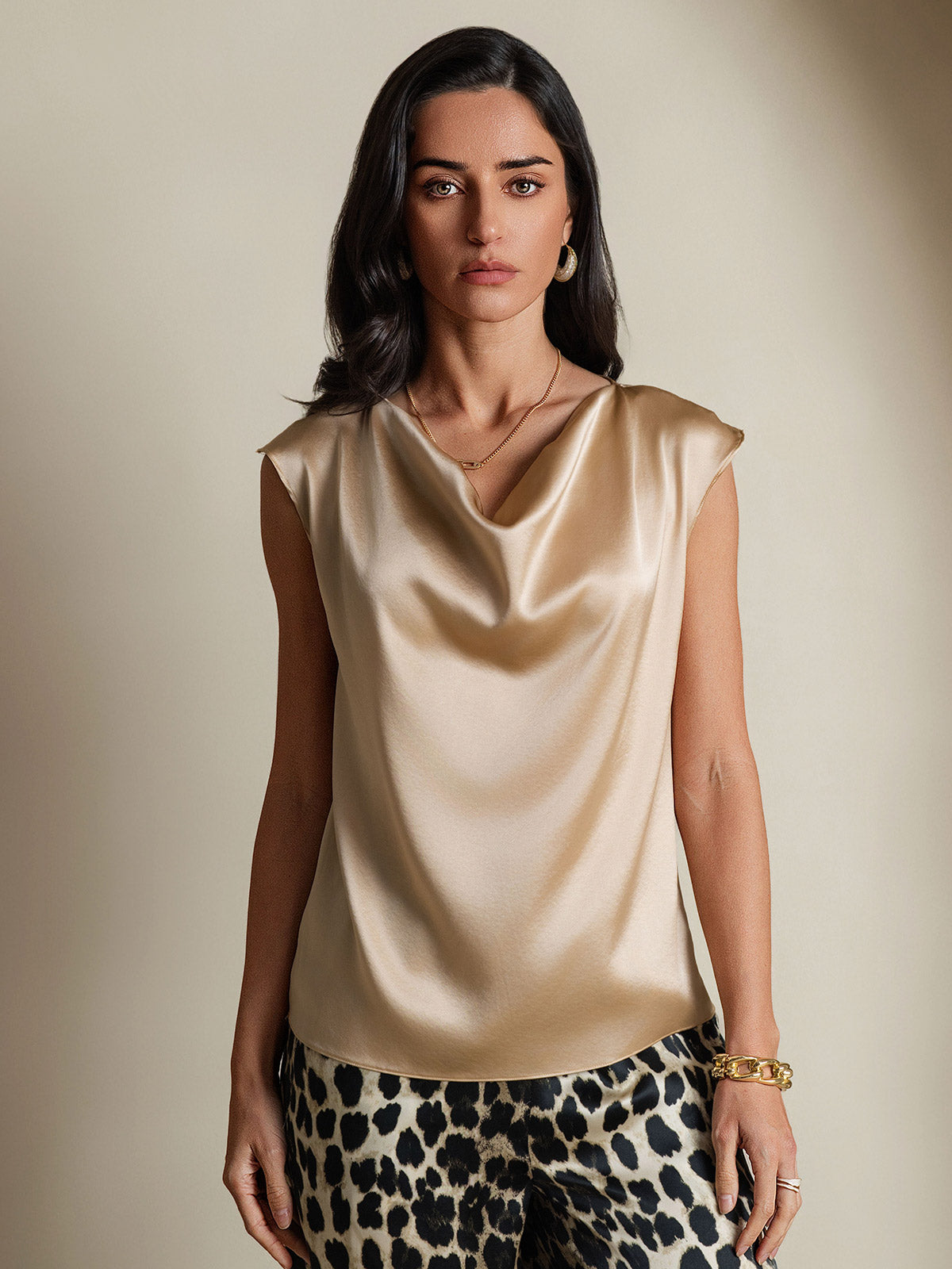 [Champagne] SilkSilky-IT 19Momme Seta Collo drappeggiato Magliette donna 001