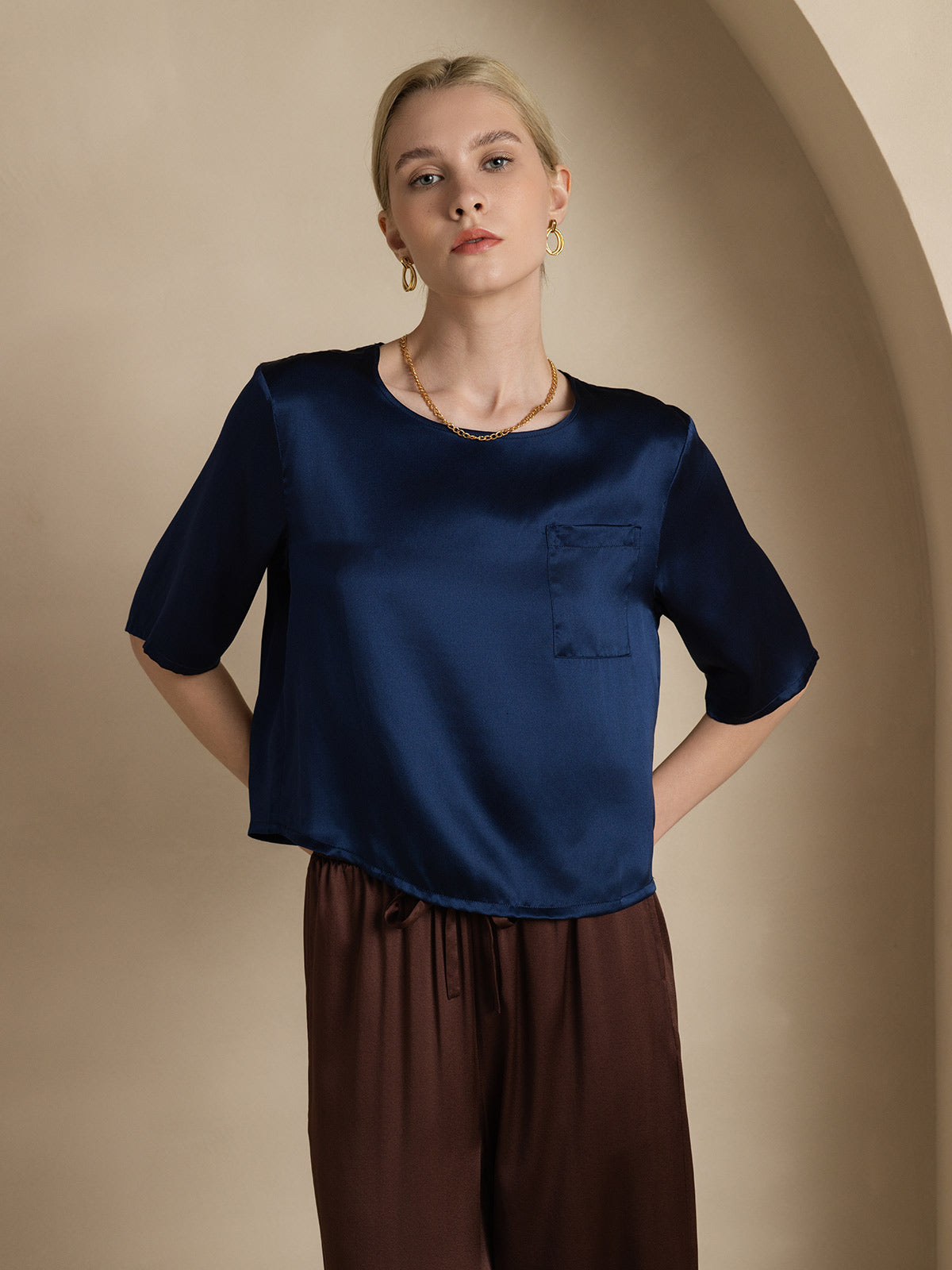 [Blu Scuro] SilkSilky-IT Manga media Scollo A Coppa Magliette donna 001