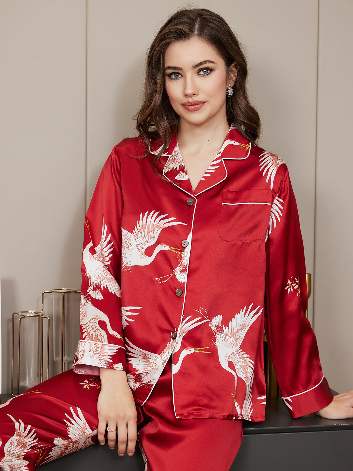 [Rosso Scuro] SilkSilky-IT 19Momme Seta pura Manica lunga Collo risvolto dentellato Pigiami da donna 005