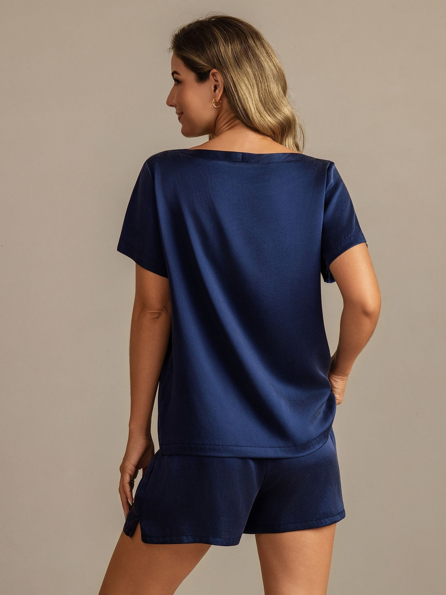 [Blu Scuro] SilkSilky-IT 19Momme Maniche Corte Scollo rotondo Pigiami da donna 002
