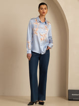 [Azzurro] SilkSilky-IT 19Momme Manica lunga Colletto con Revers Camicie da donna 008