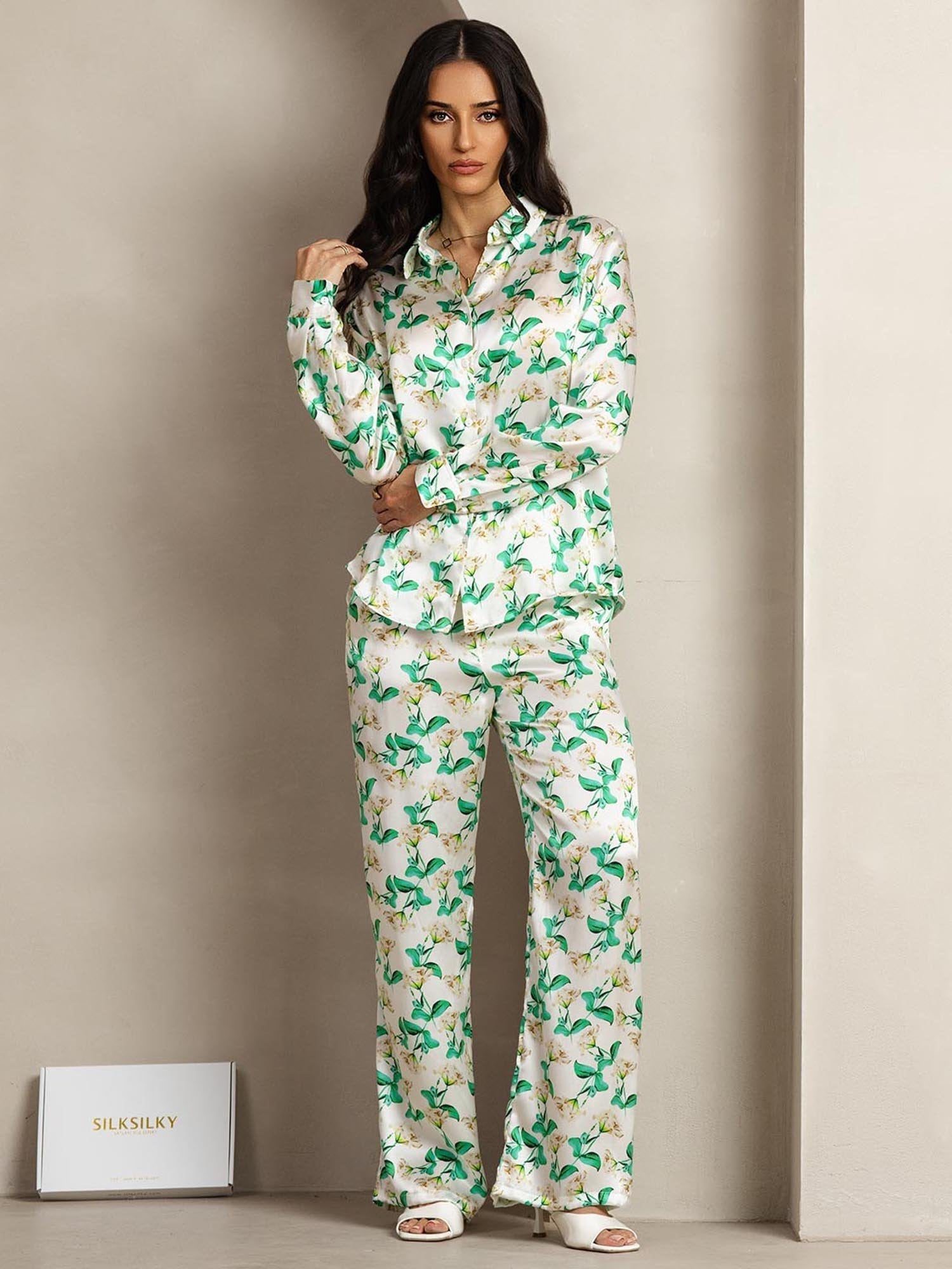 [Floreale Verde] SilkSilky-IT 19Momme Seta Colletto risvolto Women''s Outfit Sets 004