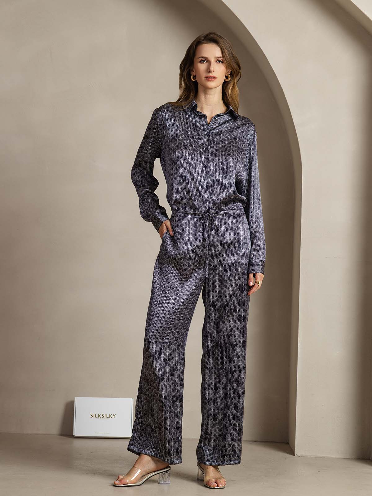 [Ginkgo Blu Navy] SilkSilky-IT 19Momme Seta Womens Pants 004