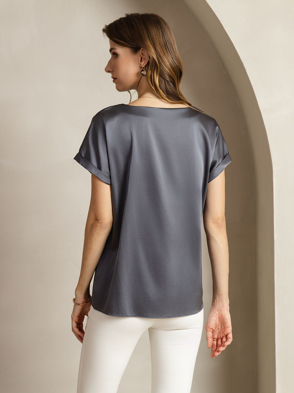 [Grigio Scuro] SilkSilky-IT 19Momme Seta Womens T-Shirt 002
