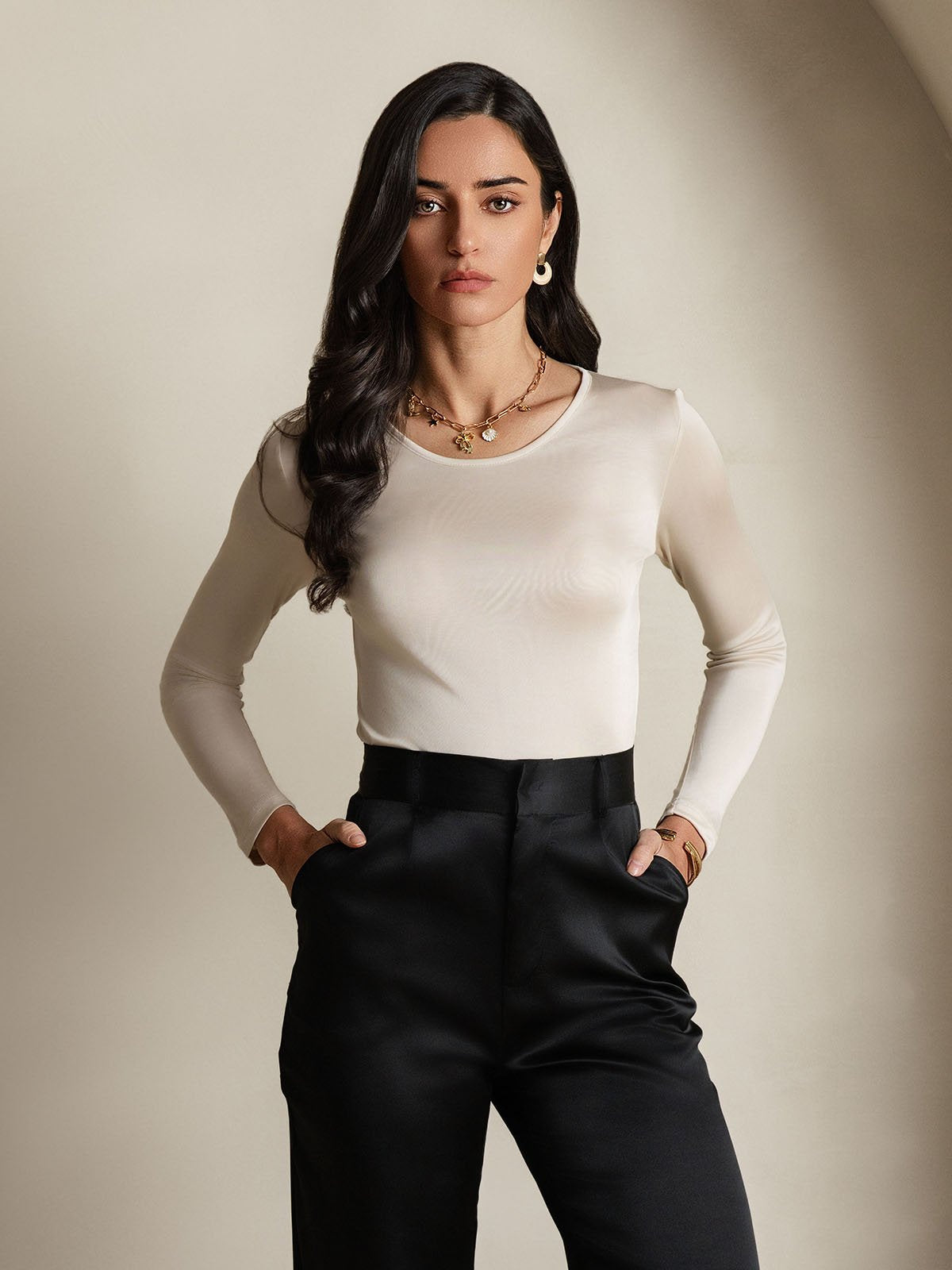 [Beige] SilkSilky-IT Manica lunga Scollo rotondo Magliette donna 004