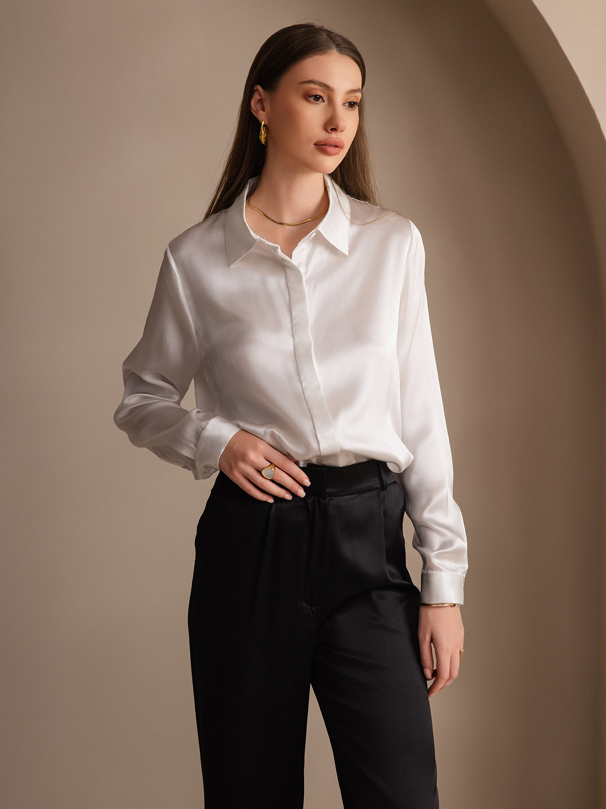 [Bianco] SilkSilky-IT 19Momme Seta Lapel Collar Camicie da donna 001