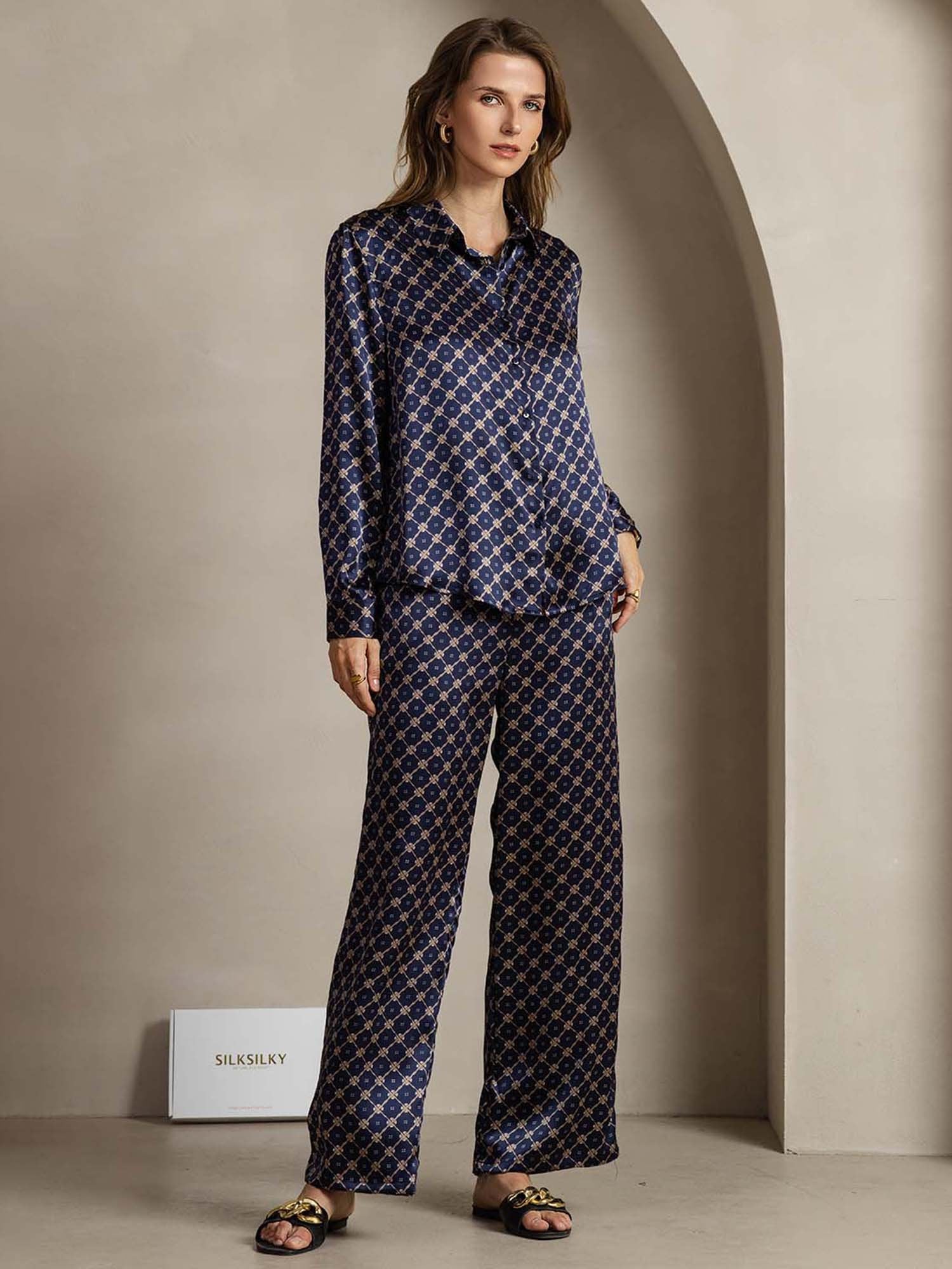 [Catena Blu Navy] SilkSilky-IT 19Momme Seta Colletto risvolto Women''s Outfit Sets 001