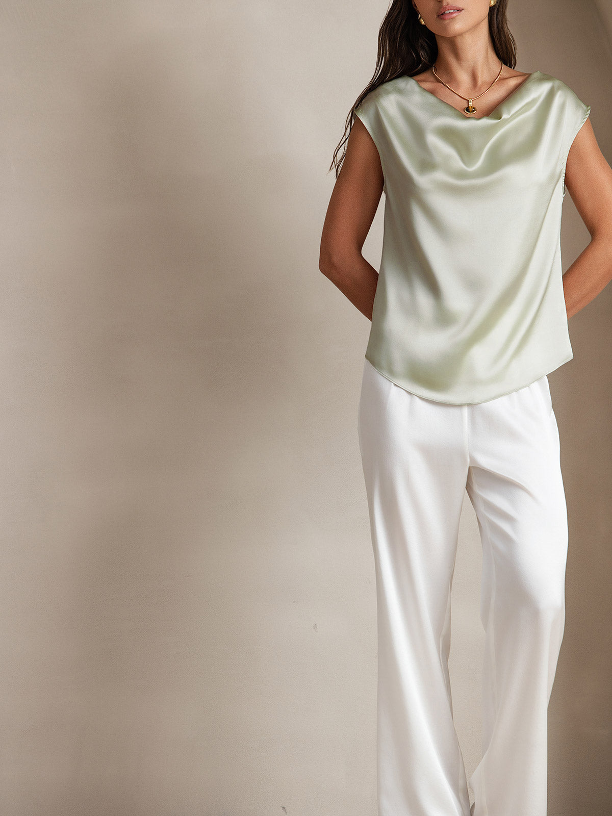 [Verde Chiaro] SilkSilky-IT 19Momme Seta Collo drappeggiato Magliette donna 004