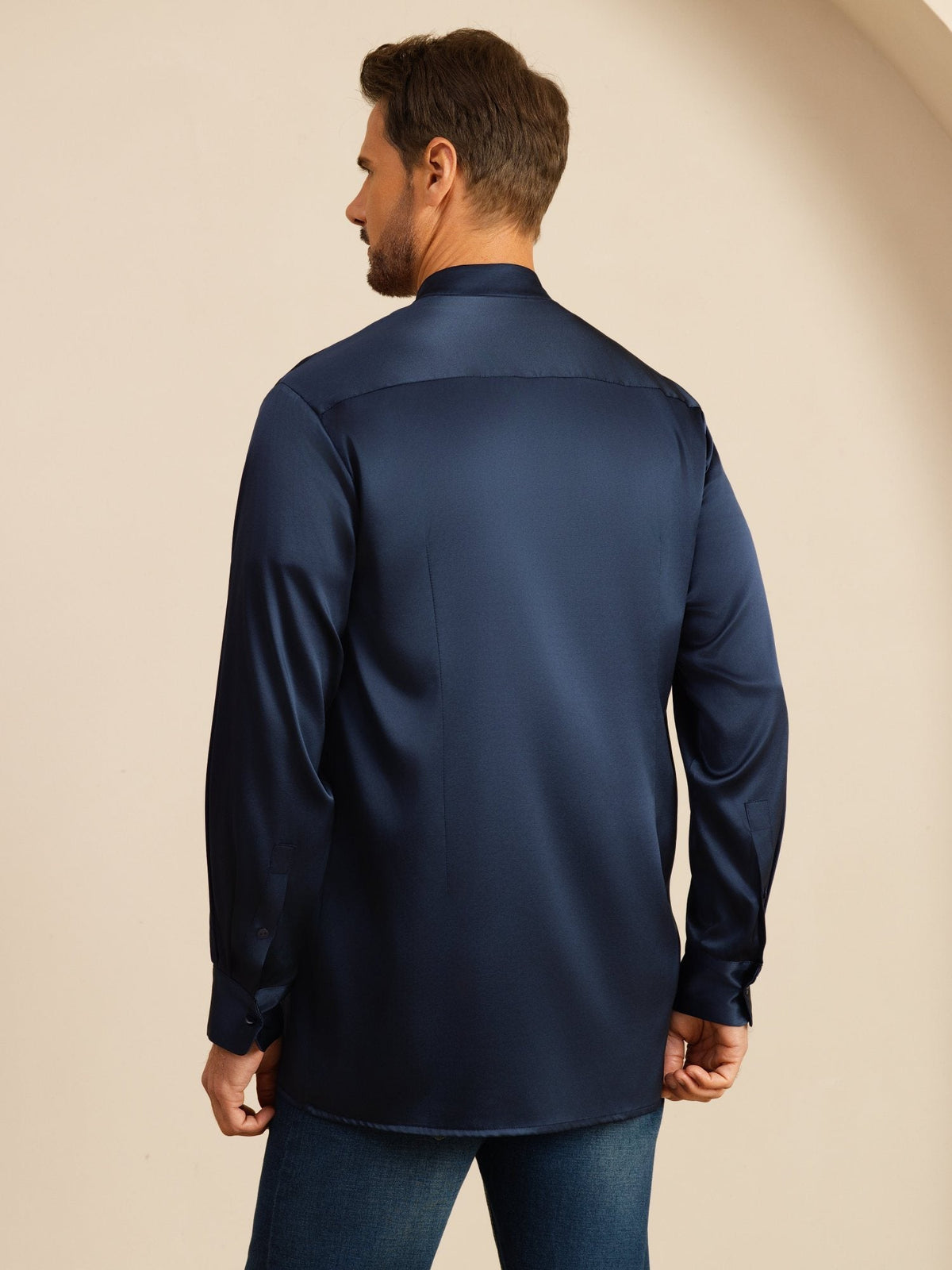 [Blu Scuro] SilkSilky-IT Long Sleeve Stand Collar Camicia da uomo 002