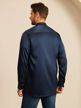 [Blu Scuro] SilkSilky-IT Long Sleeve Stand Collar Camicia da uomo 002
