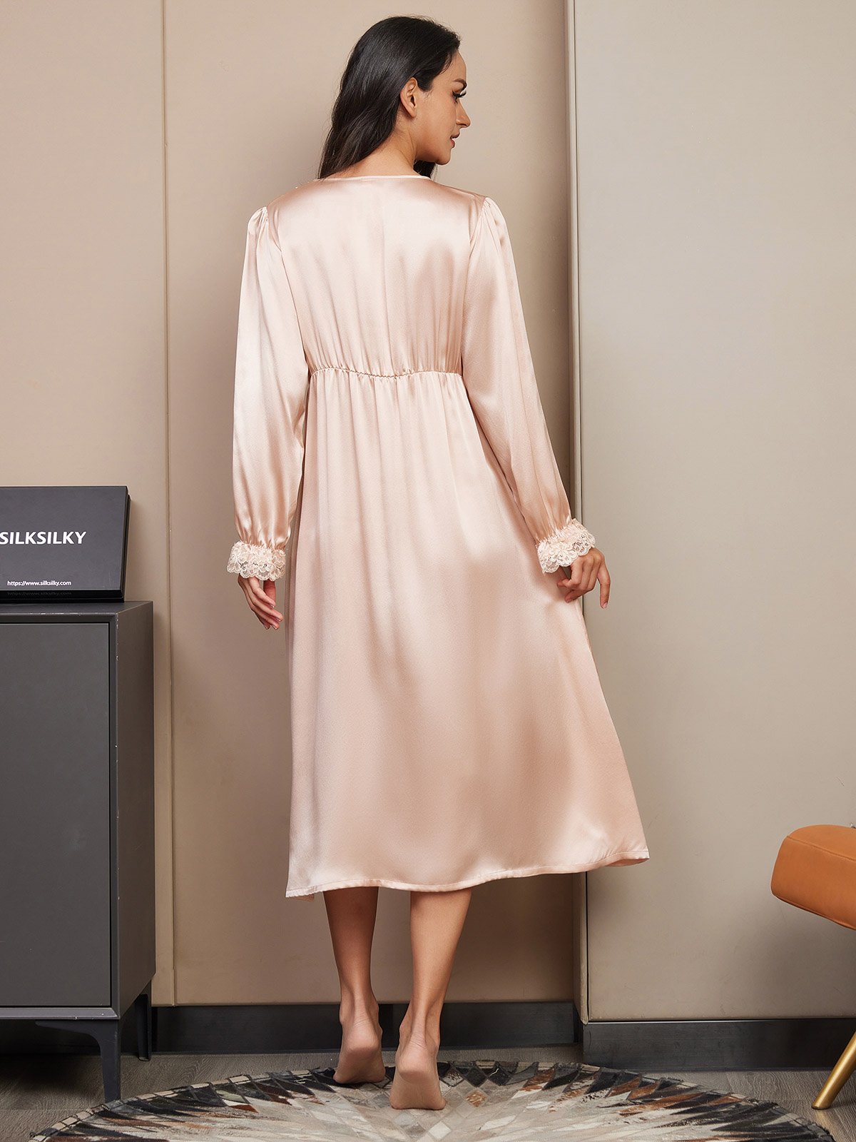 [Champagne] SilkSilky-IT Seta pura Manica lunga Collo a V Camicia da notte 002