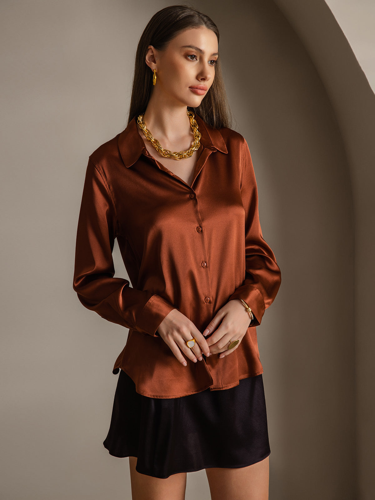 [Caffè] SilkSilky-IT Seta Colletto risvolto Camicie da donna 004