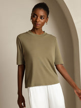 [Oliva Bruciata] SilkSilky-IT Half Sleeve Crew Neck Magliette donna 007