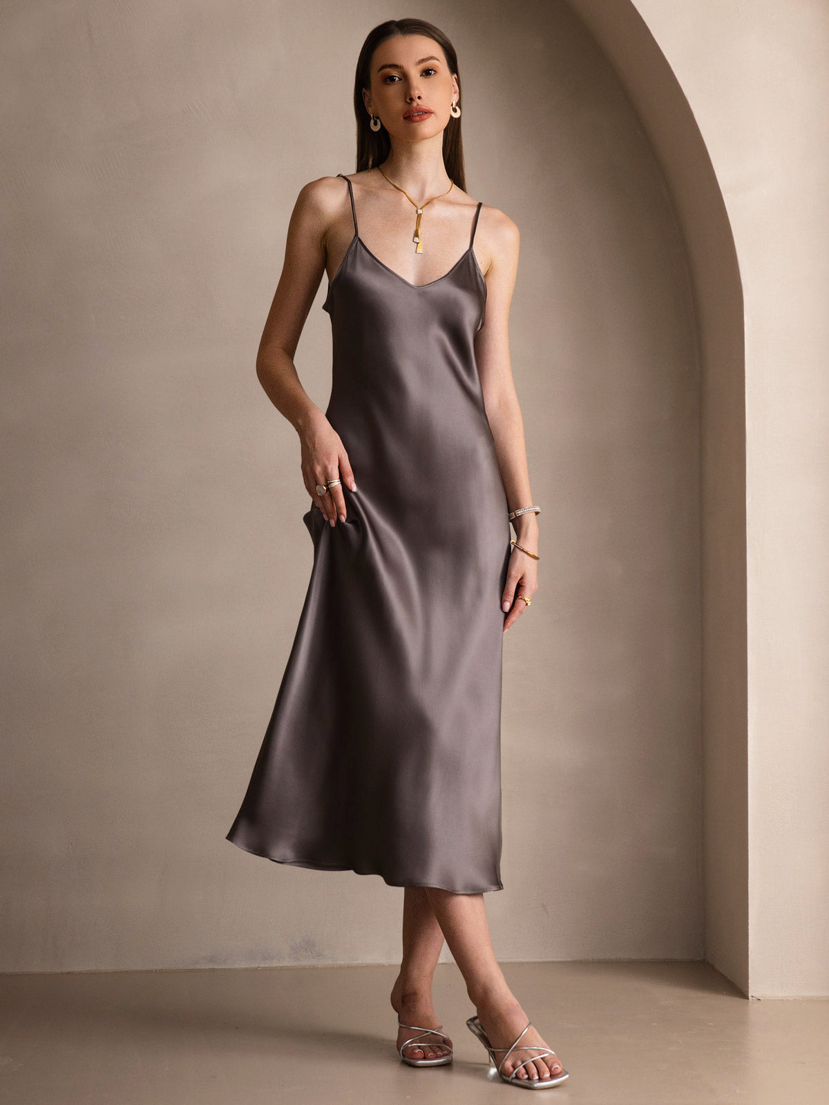 [Kaki Scuro] SilkSilky-IT Tirantes Finos Scollo a V Vestiti da donna 001