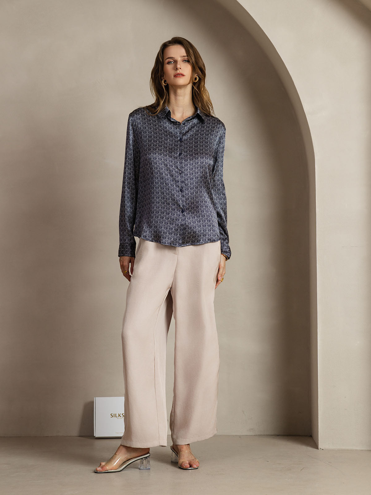 [Ginkgo Blu Navy] SilkSilky-IT Seta Colletto risvolto Camicie da donna 007