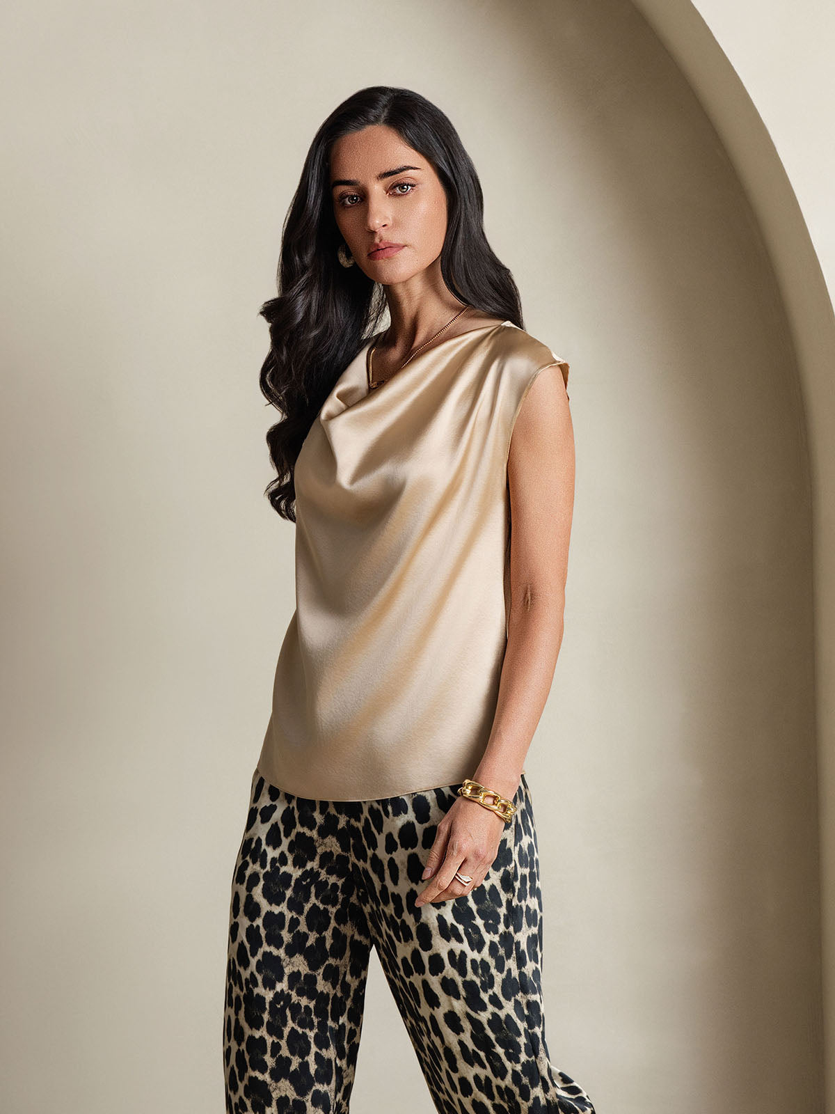 [Champagne] SilkSilky-IT 19Momme Seta Senza maniche Collo drappeggiato Magliette donna 004