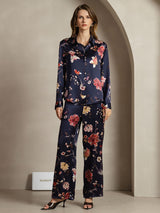 [Floreale Blu Navy] SilkSilky-IT 19Momme Seta Colletto risvolto Women''s Outfit Sets 001