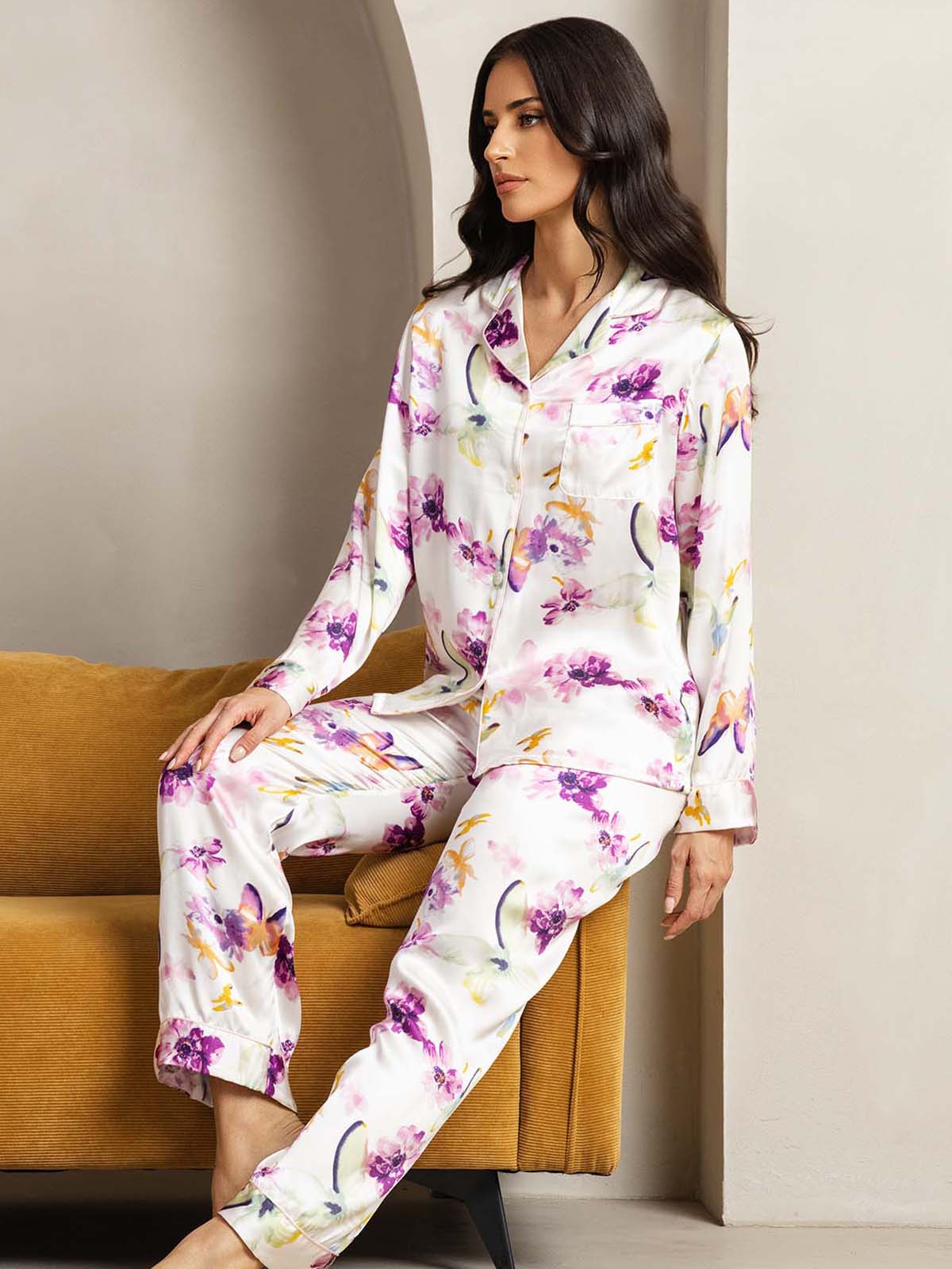 [Fiori Acquerello] SilkSilky-IT Seta pura Womens Pajamas 005