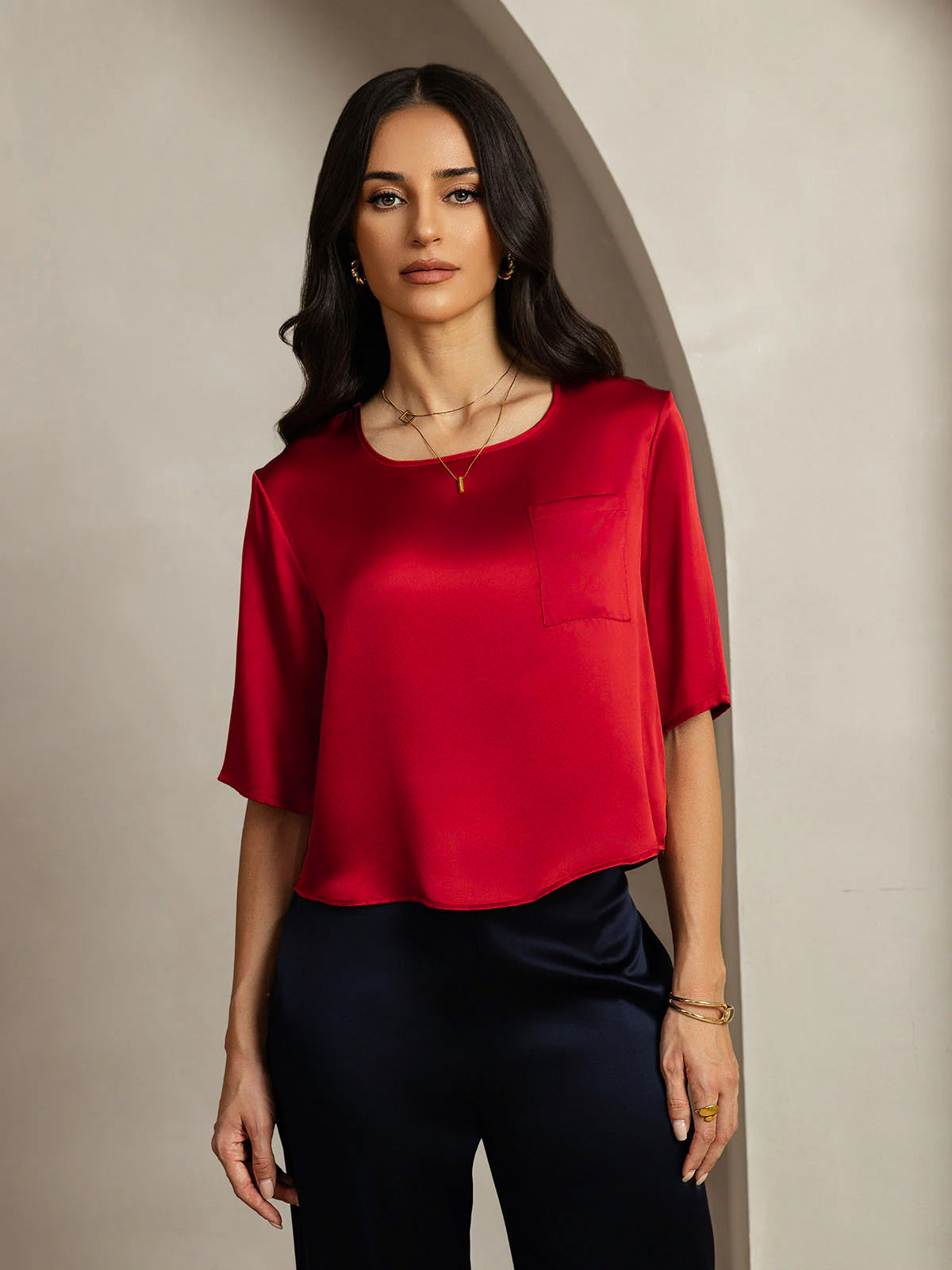 [Rosso Scuro] SilkSilky-IT Seta pura Womens T-Shirt 003