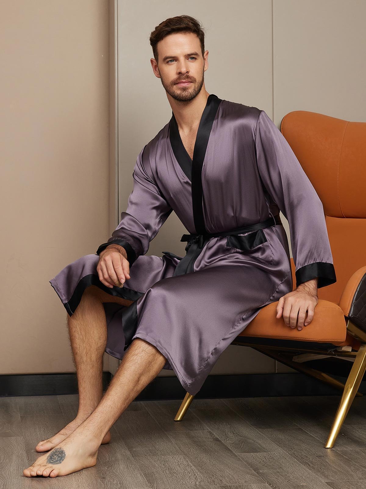 SilkSilky IT Seta pura Manica lunga Mens Robe GrigioPorpora 005