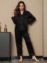 [Nero] SilkSilky-IT Manica lunga Collo a Taglio Pigiami da donna 003