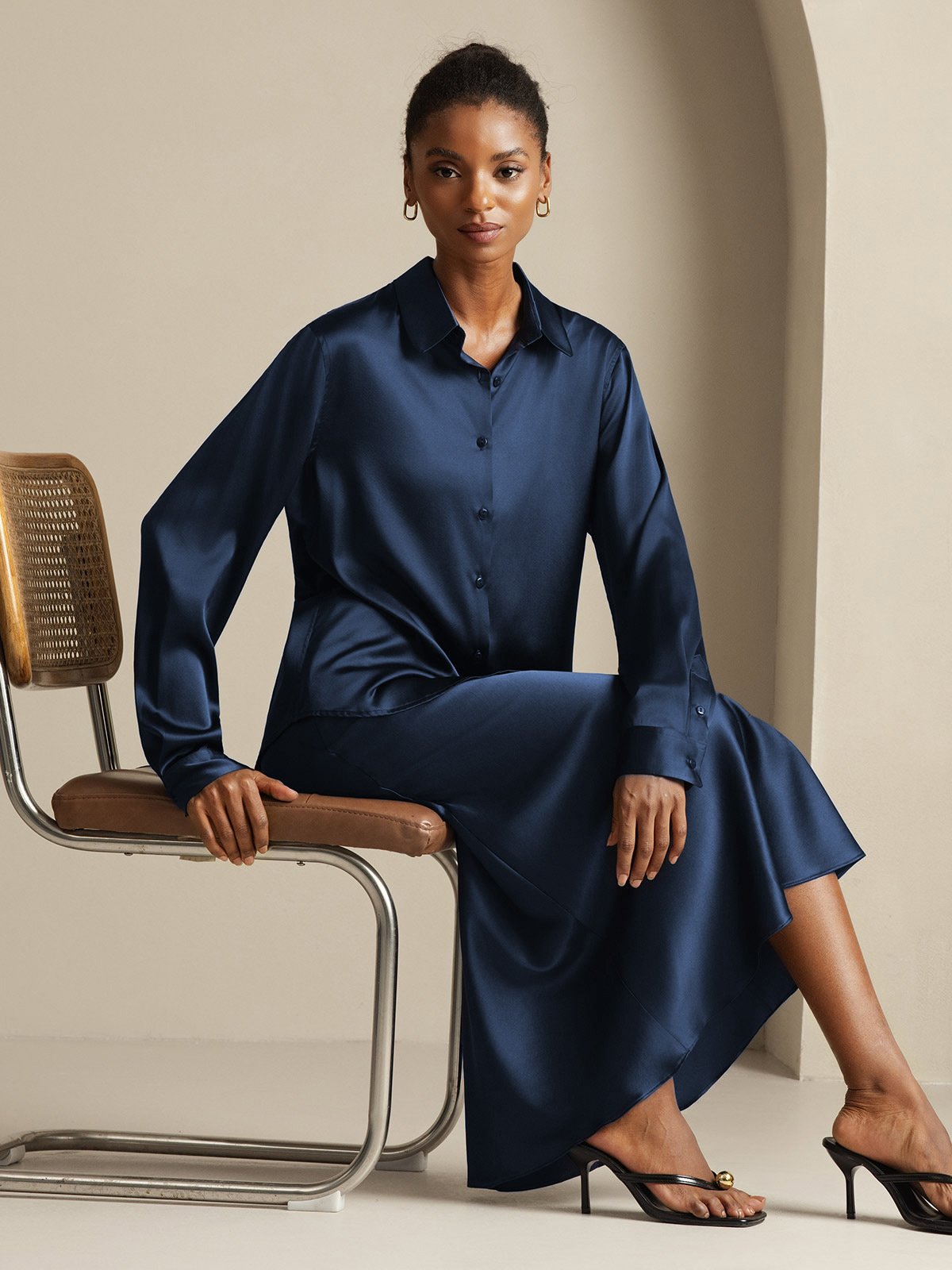 [Blu Scuro] SilkSilky-IT 19Momme Seta Colletto risvolto Women''s Outfit Sets 001,
