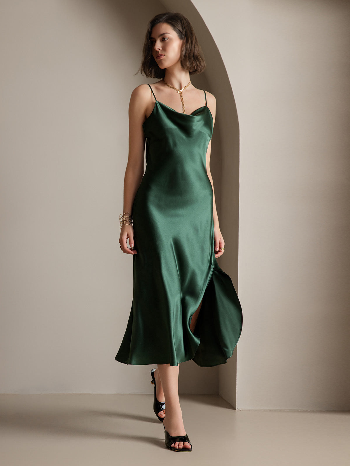 [Verde Scuro] SilkSilky-IT 19Momme Seta pura Collo drappeggiato Vestiti da donna 001