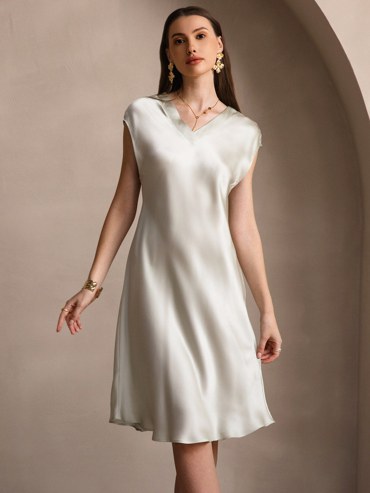 [Verde Chiaro] SilkSilky-IT Manica a Cuffia Scollo a V Camicia da notte 004
