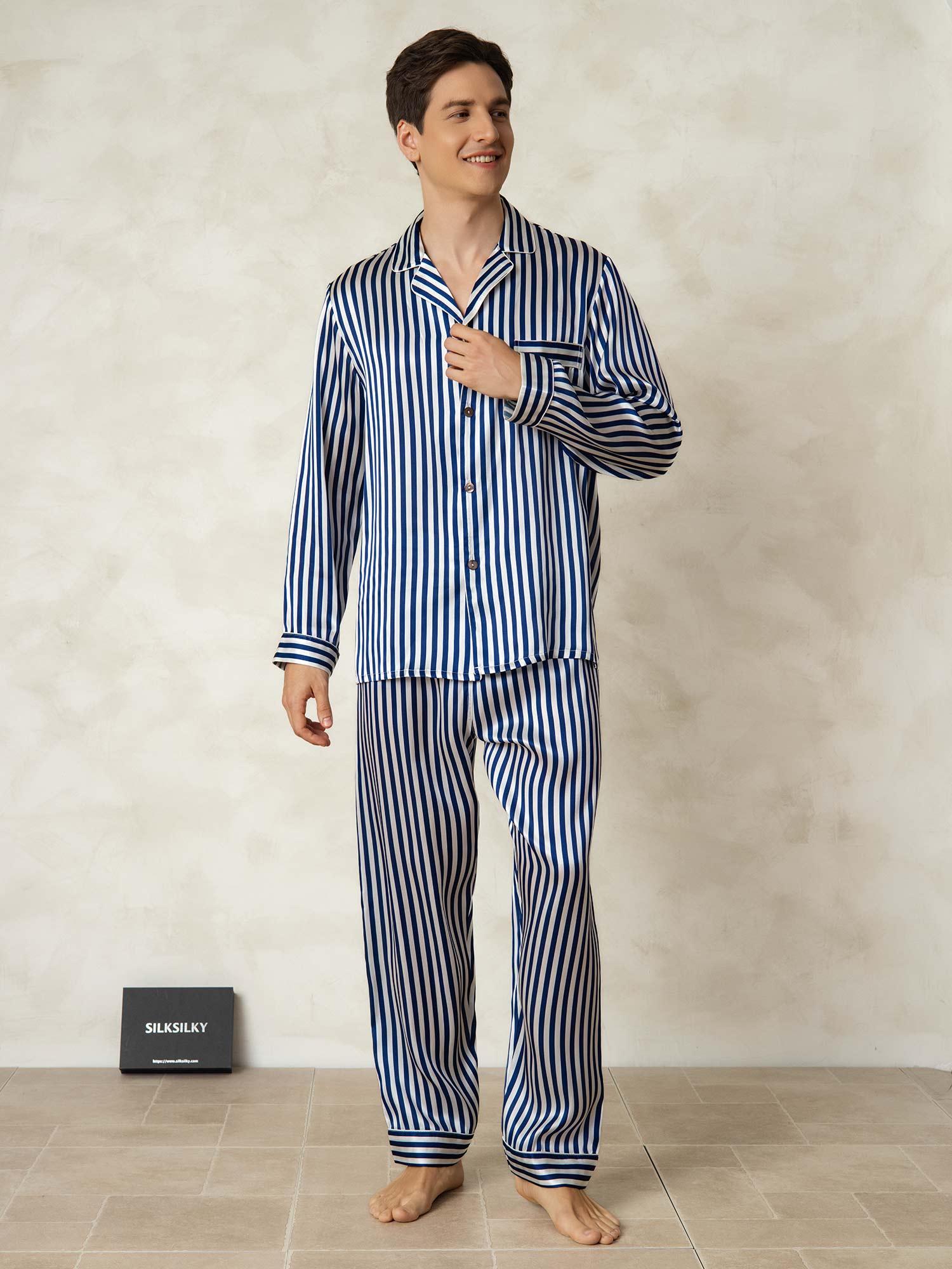 [Righe Navy] SilkSilky-IT 19Momme Seta pura Mens Pajamas 007