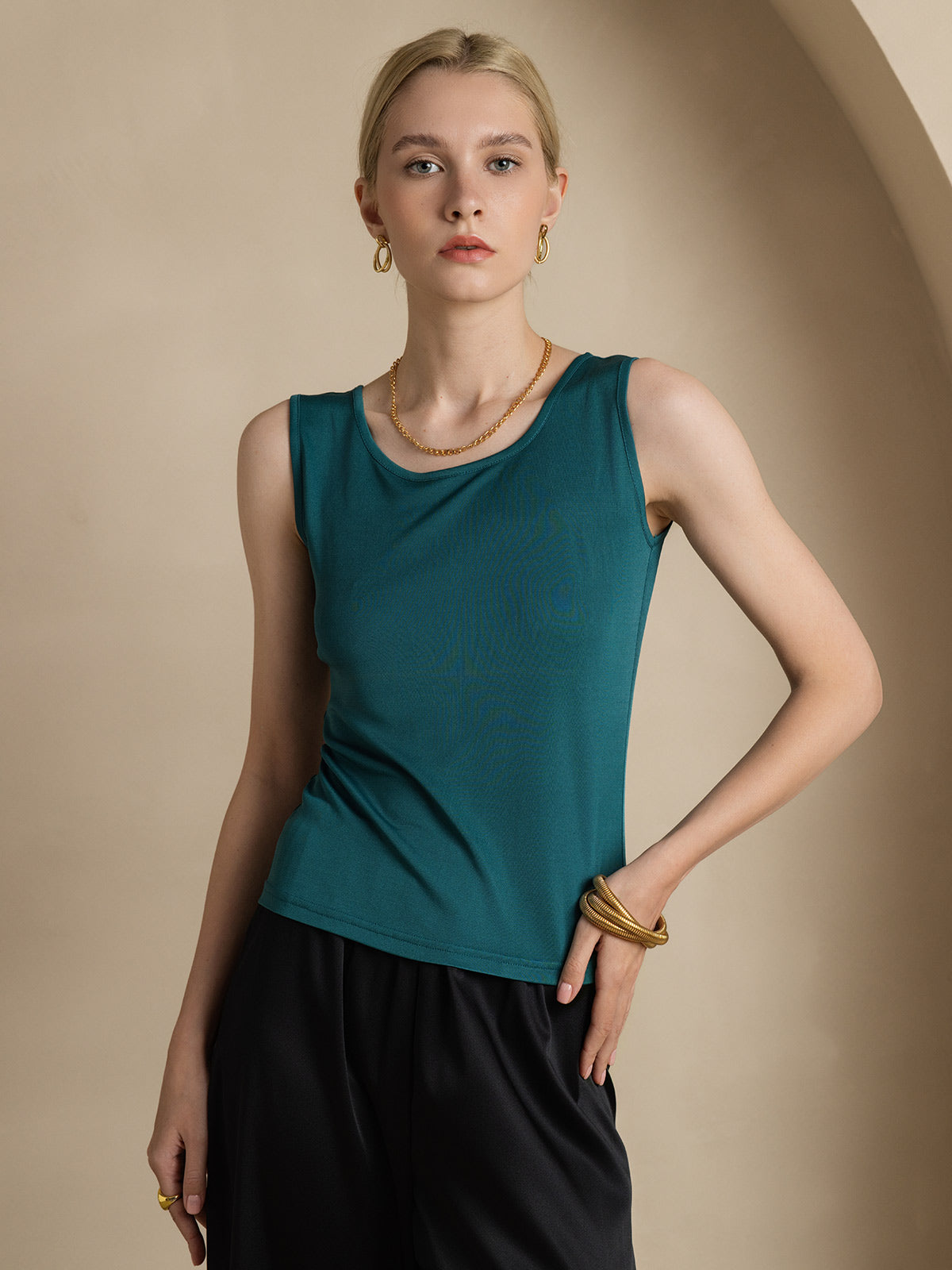 [Verde Scuro] SilkSilky-IT Maglia di seta Senza maniche Round Neck Magliette donna 001