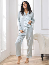 [Azzurro] SilkSilky-IT Long Sleeve Lapel Collar Pigiami da donna 004