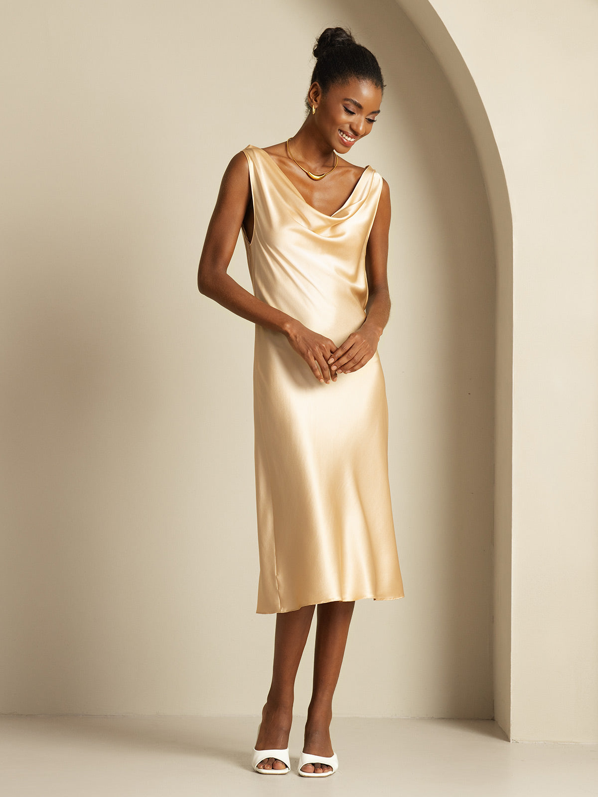 [Champagne] SilkSilky-IT 19Momme Seta Collo drappeggiato Vestiti da donna 008