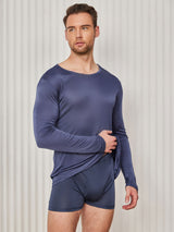 [Blu Scuro] SilkSilky-IT Long Sleeve Round Neck Maglietta da uomo 003