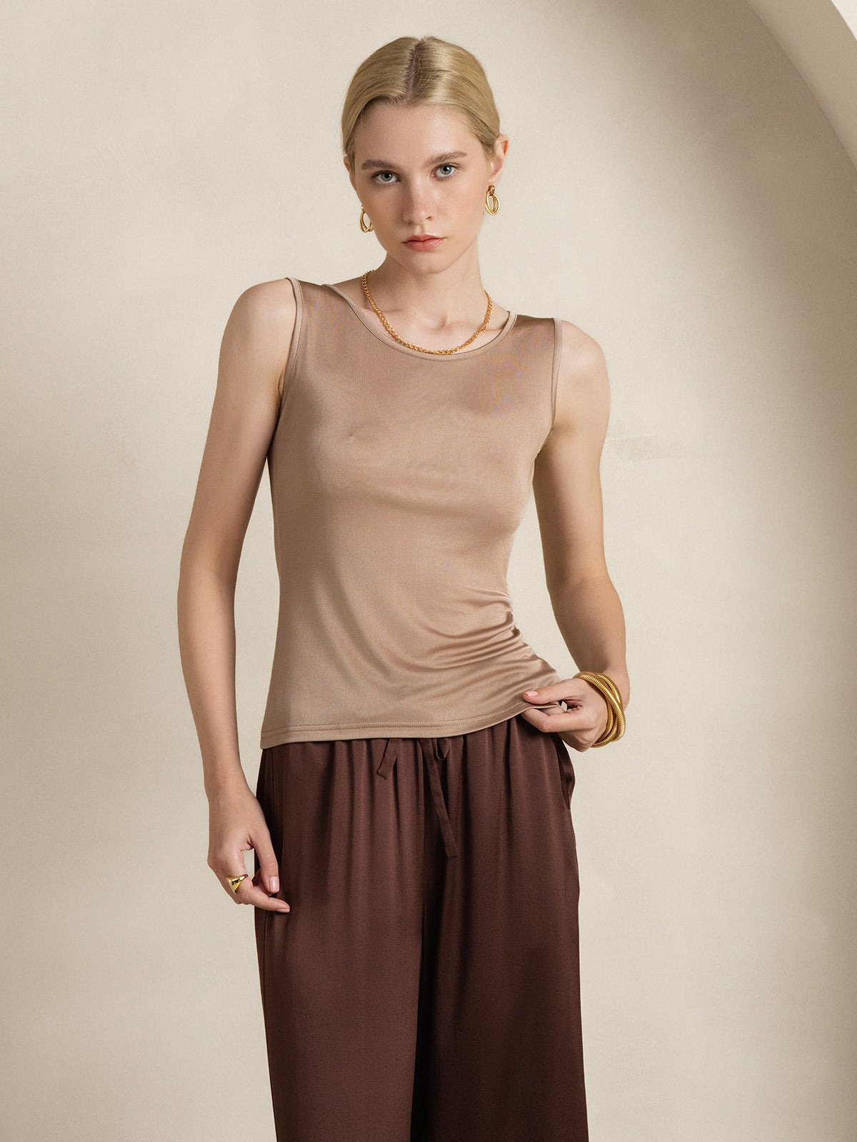[Caffè] SilkSilky-IT Maglia di seta Senza maniche Round Neck Magliette donna 006
