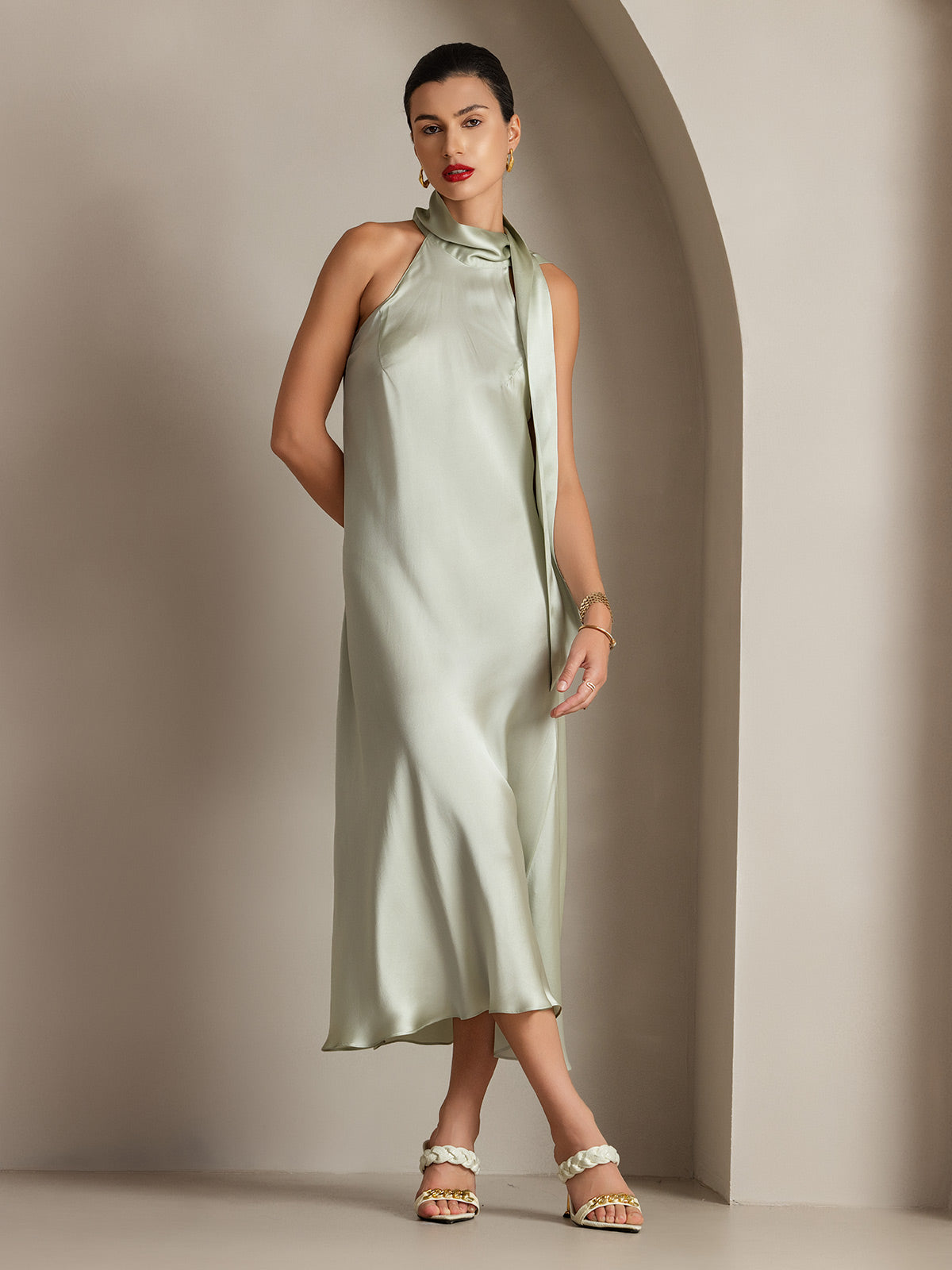 SilkSilky-IT 19Momme Seta Senza maniche Nodo al collo Vestiti da donna VerdeChiaro 003
