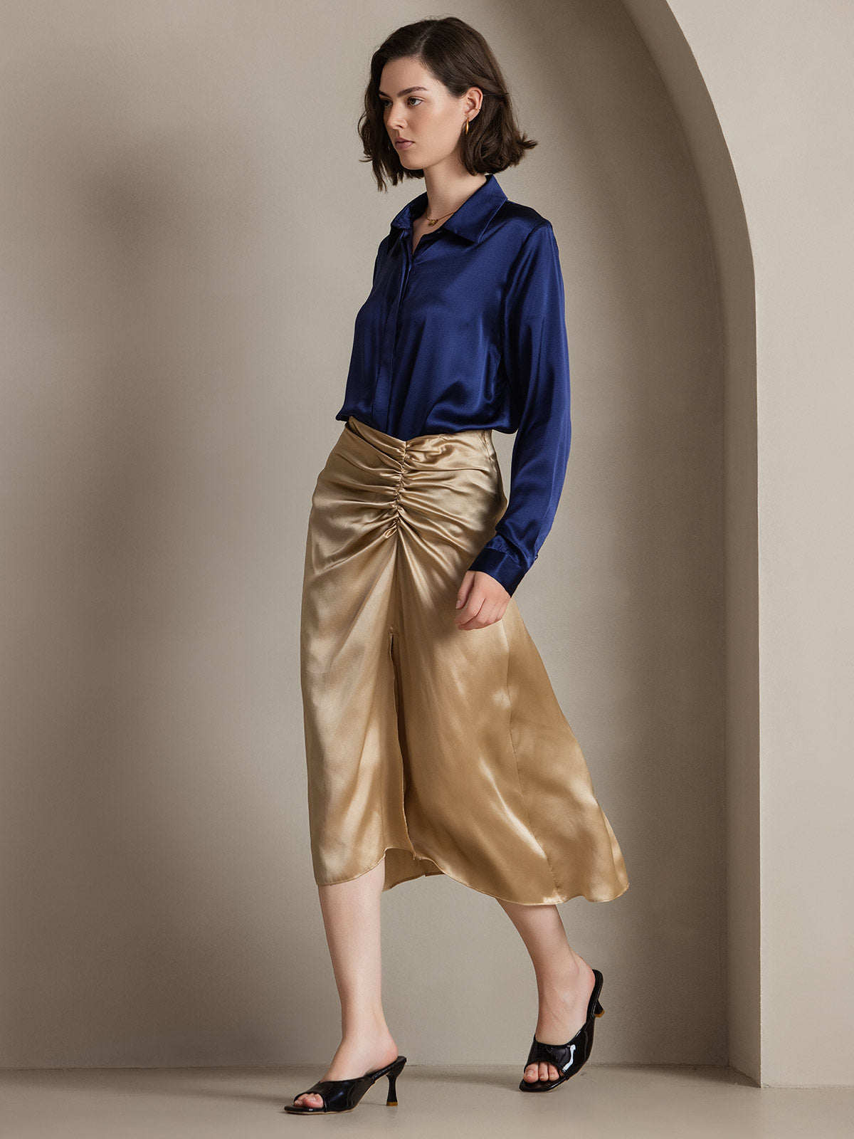 [Blu Scuro] SilkSilky-IT 19Momme Seta Lapel Collar Camicie da donna 005