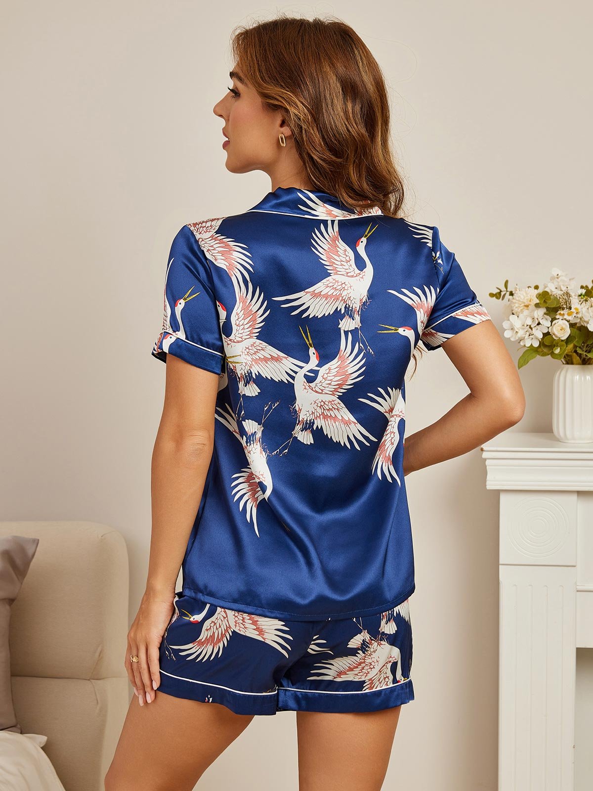 [Blu Scuro] SilkSilky-IT Short Sleeve Lapel Collar Pigiami da donna 002