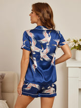 [Blu Scuro] SilkSilky-IT Short Sleeve Lapel Collar Pigiami da donna 002