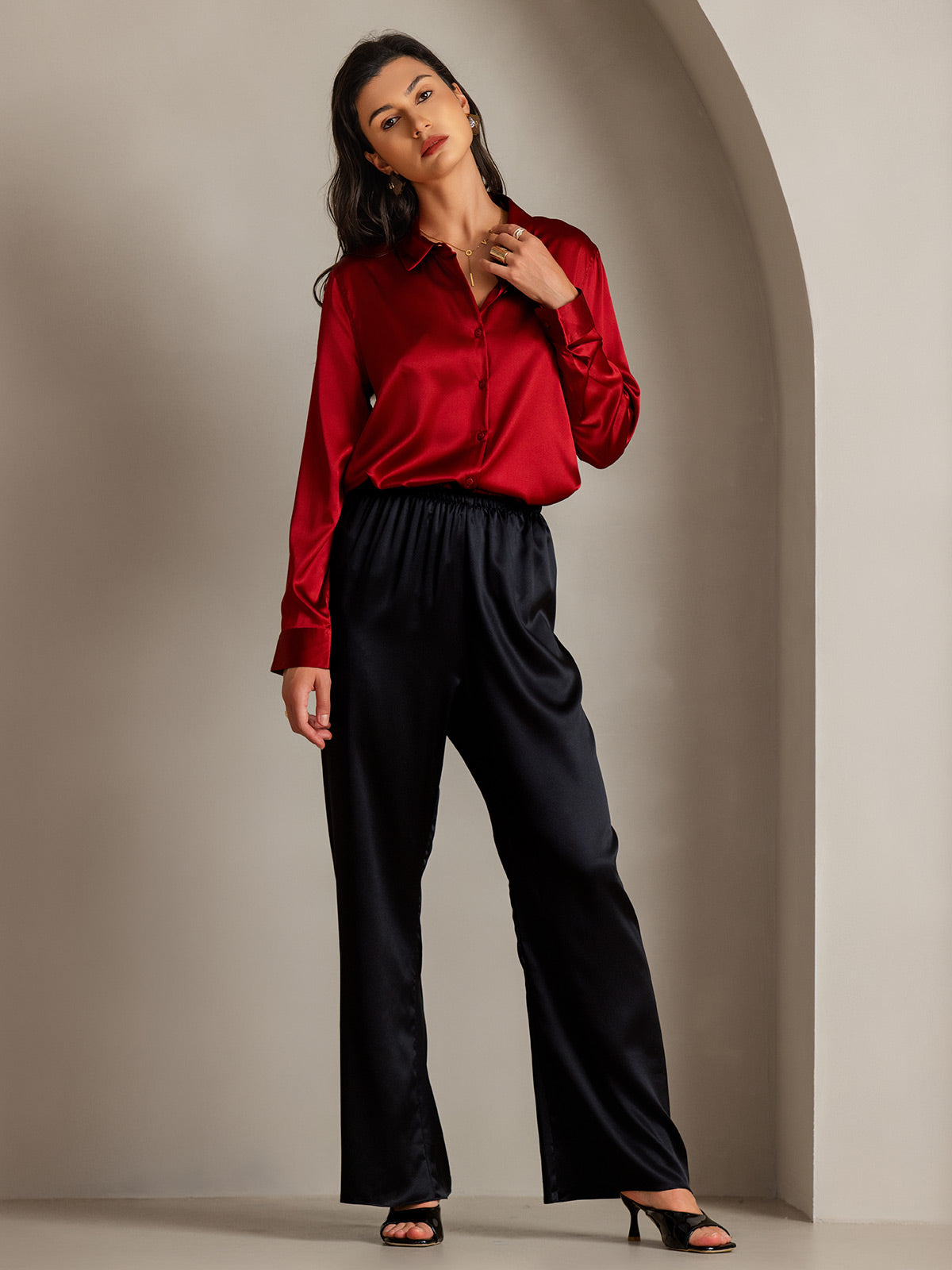 [Rosso] SilkSilky-IT Seta Colletto risvolto Camicie da donna 005