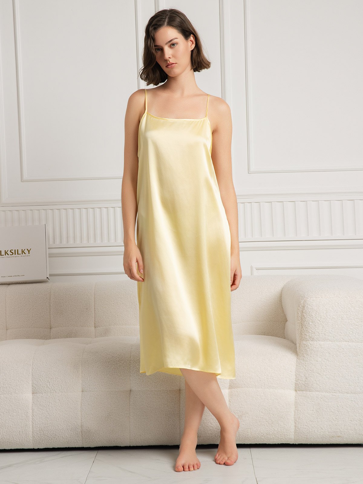 [Giallo Chiaro] SilkSilky-IT 19Momme Seta Senza maniche Dress 001