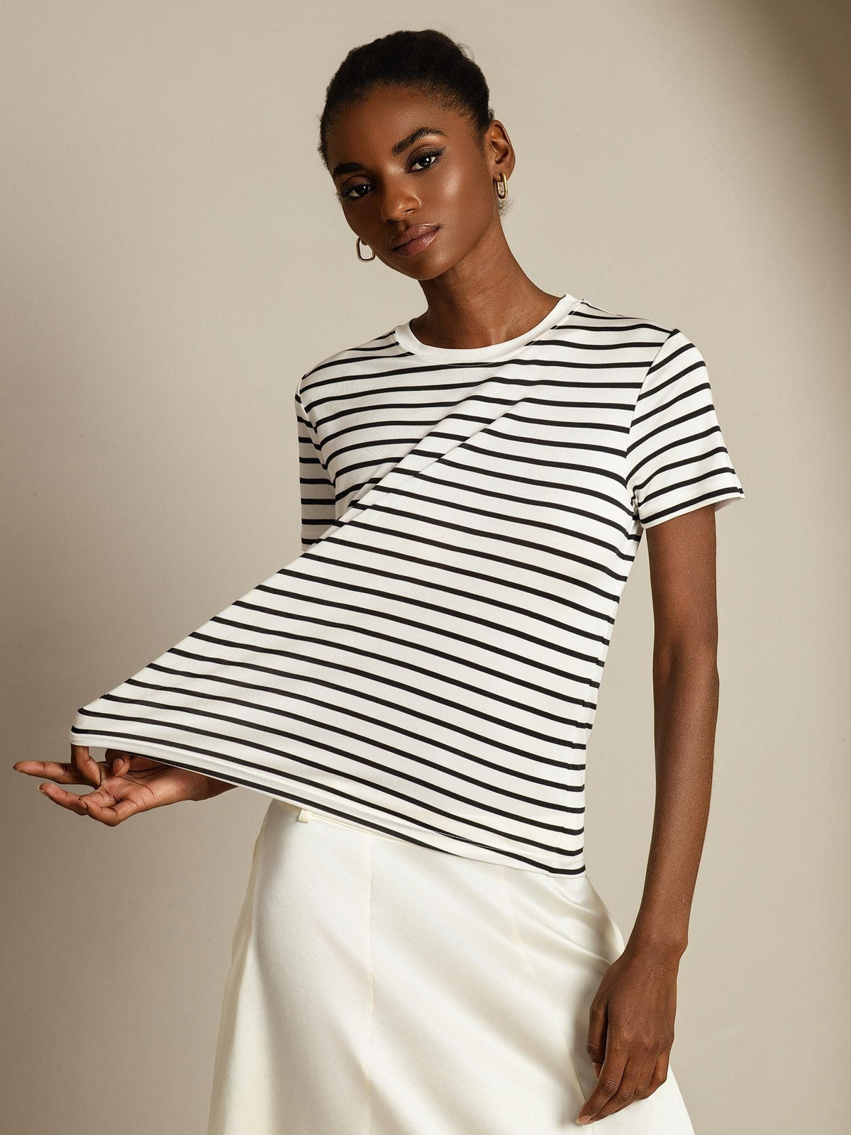 [Righe Bianche] SilkSilky-IT Short Sleeve Crew Neck Magliette donna 001