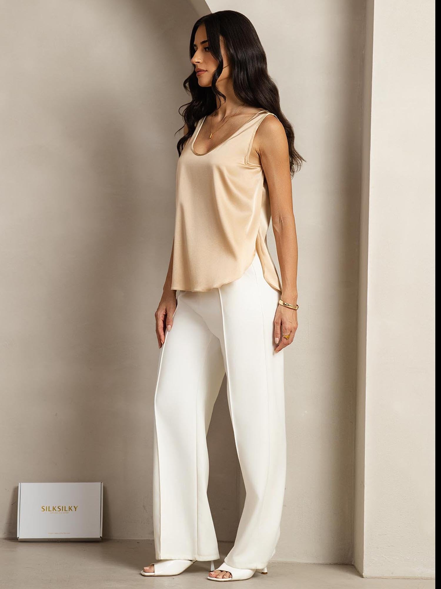 [Champagne] SilkSilky-IT 19Momme Seta Womens T-Shirt 003
