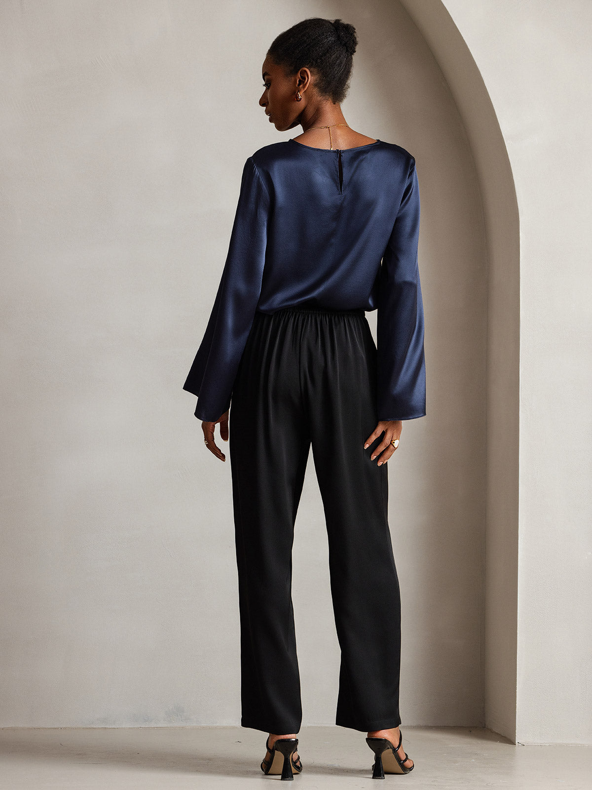 [Blu Scuro] SilkSilky-IT 19Momme Seta Womens T-Shirt 002,