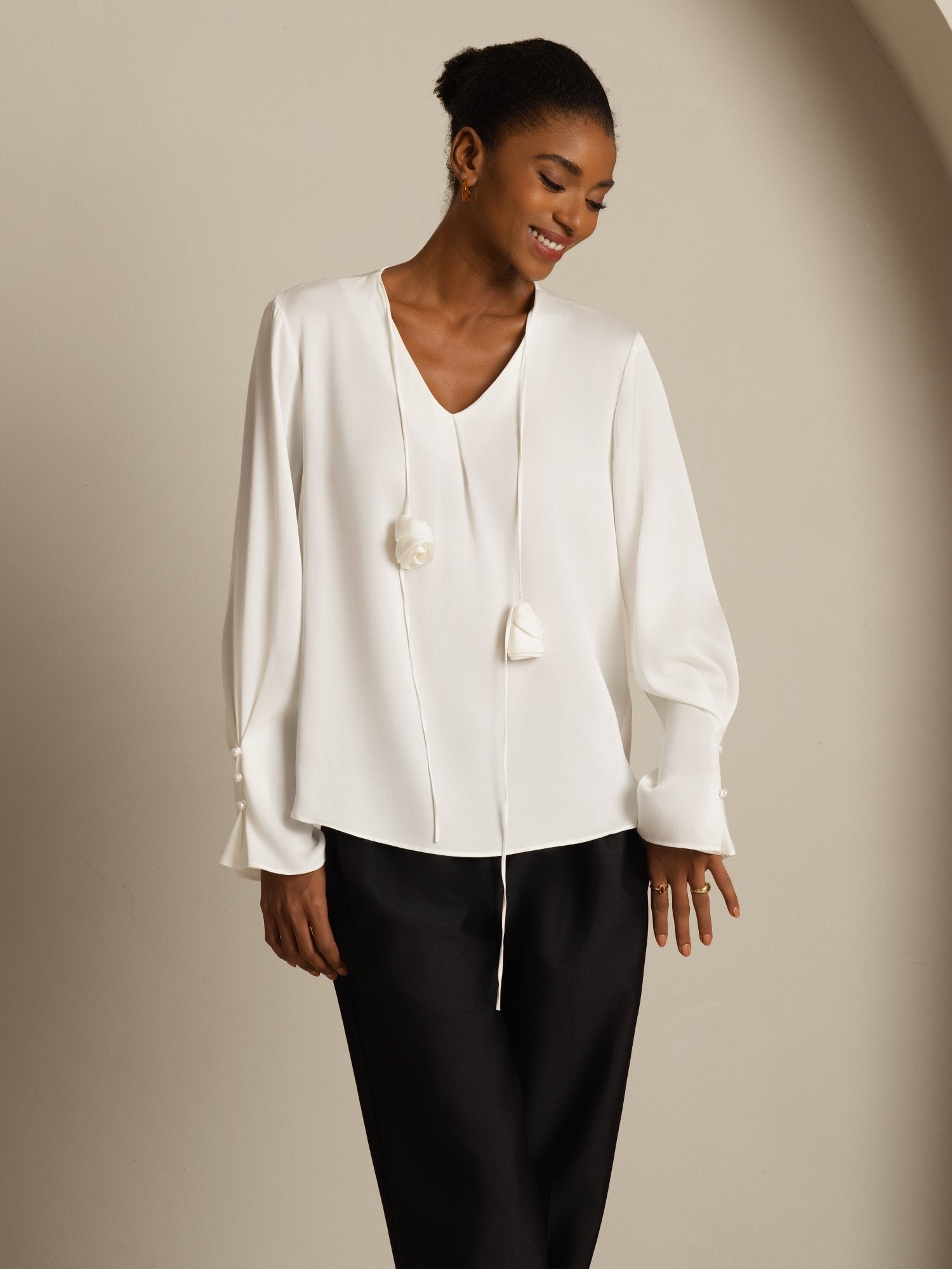 [Bianco] SilkSilky-IT 19Momme Seta Manica lunga Scollo a V Camicette 005