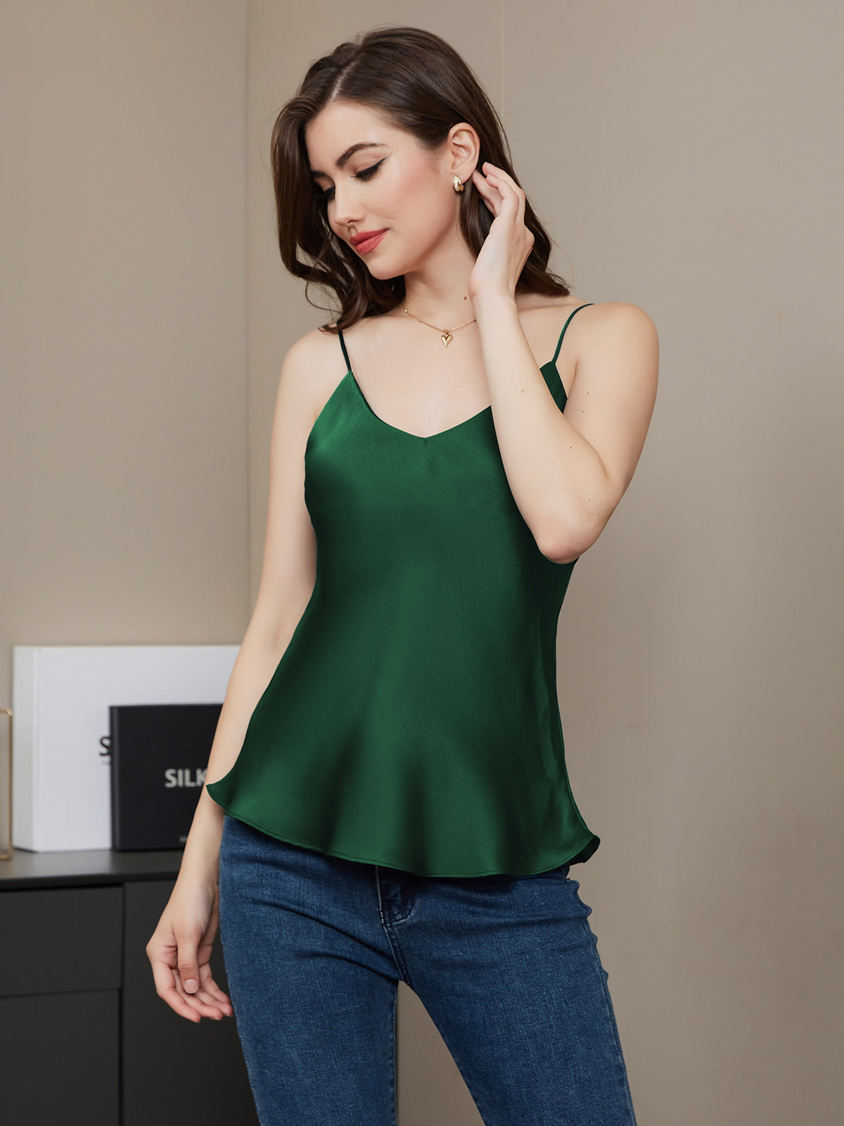 [Verde Scuro] SilkSilky-IT Seta pura Camisoles 005