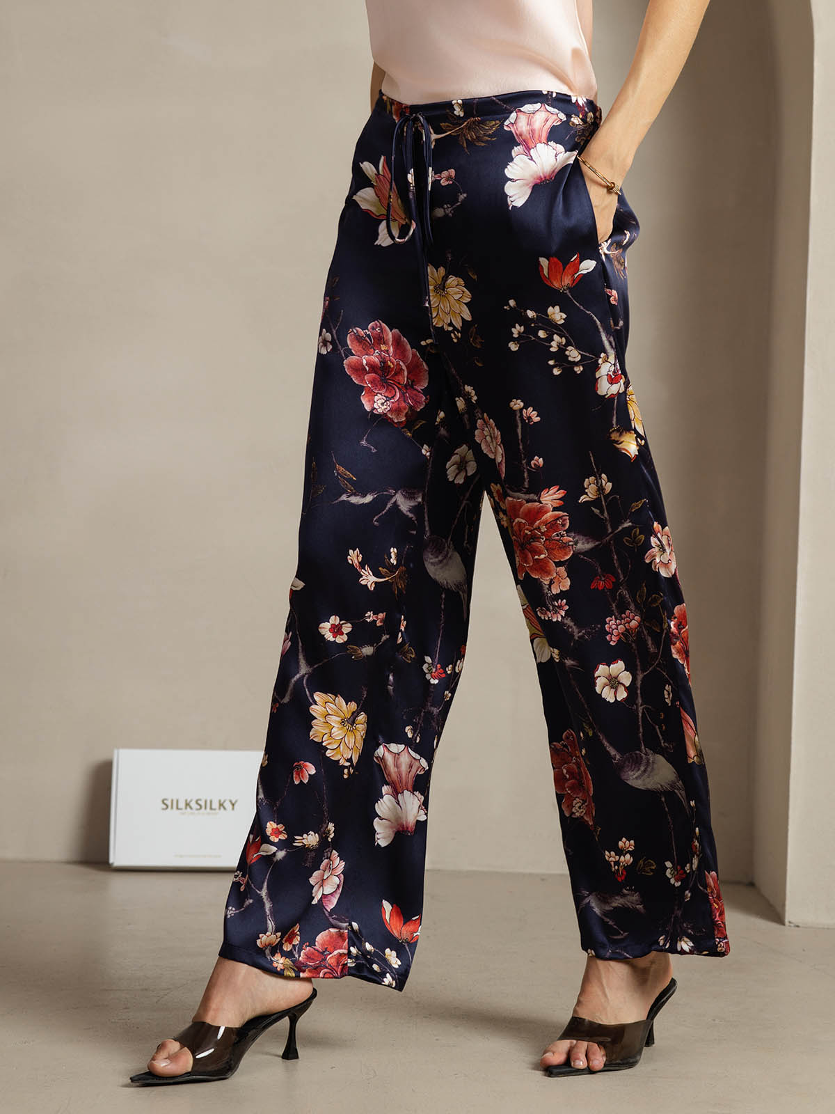 [Floreale Blu Navy] SilkSilky-IT 19Momme Seta Womens Pants 003