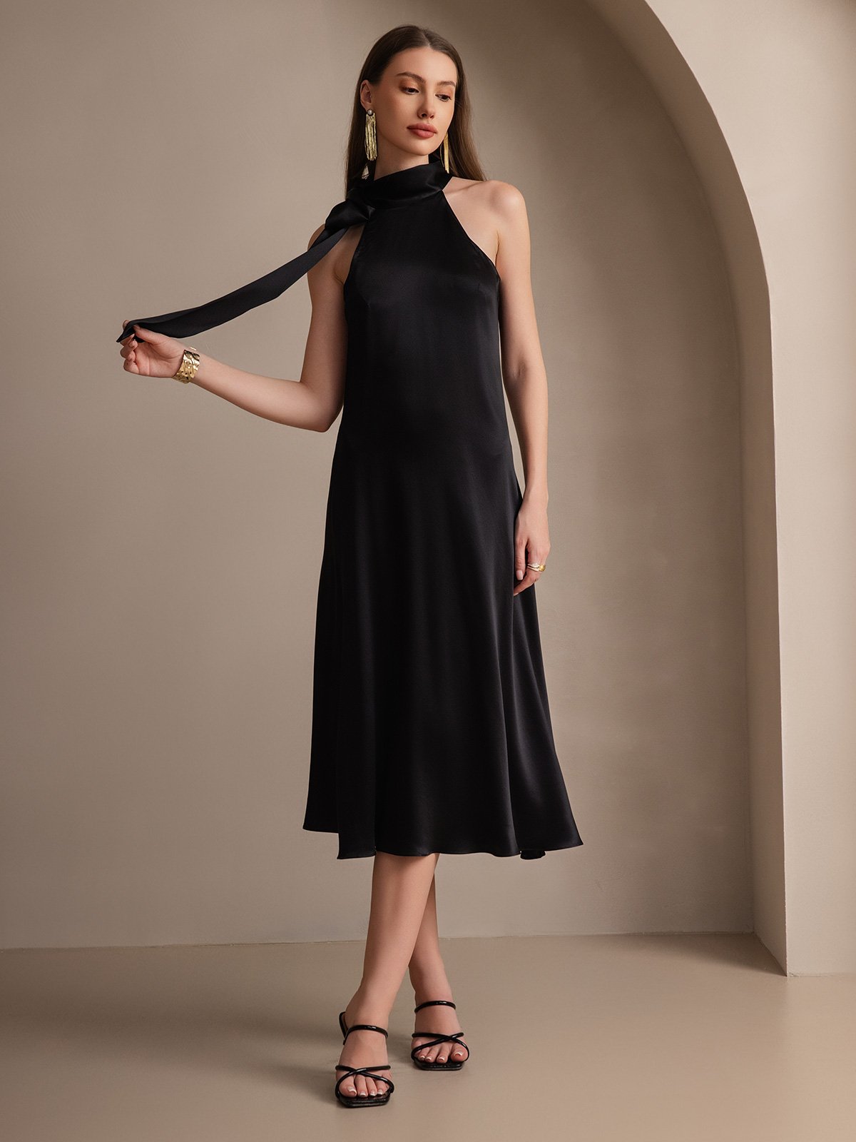 [Nero] SilkSilky-IT 19Momme Seta Senza maniche Nodo al collo Vestiti da donna 001