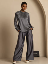 [Grigio Scuro] SilkSilky-IT 19Momme Manica lunga Scollo rotondo Camicette 003